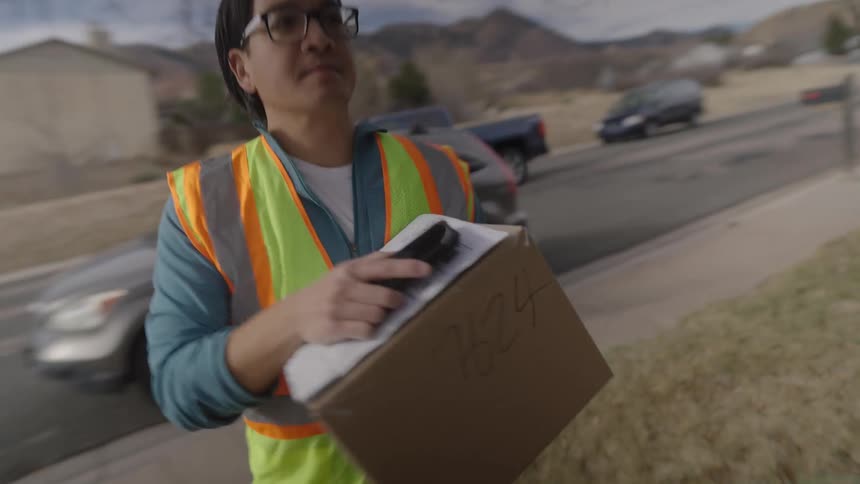 Man running and delivering a box