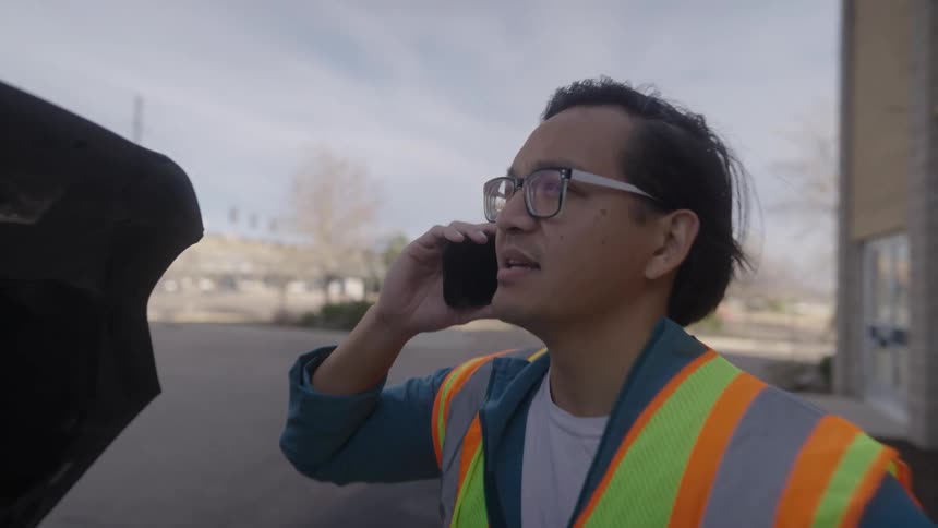 Man in reflective vest on a phone call