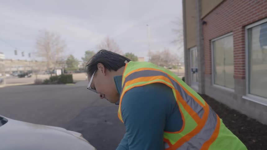 Man wearing a reflective vest talks on a cellphone while opening a car hood outdoors