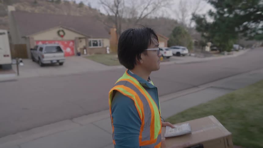 Delivery man walks across a neighborhood street carrying a package and leaving it on a front porch as he takes a picture with his phone and walks away