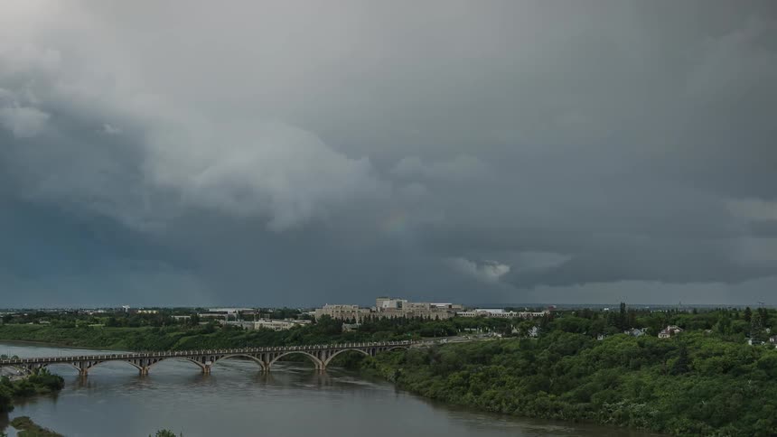 Heavy clouds cover the bridge