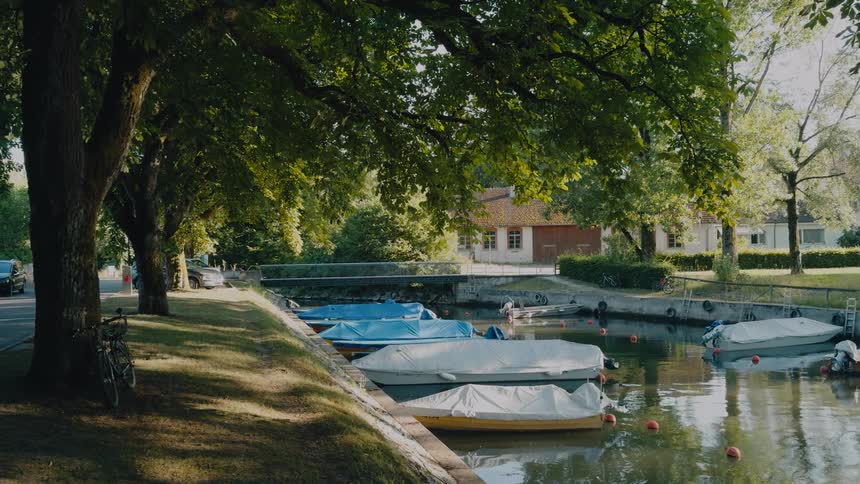 Boats moored along a treelined canal beside a grassy bank and residential buildings in daylight