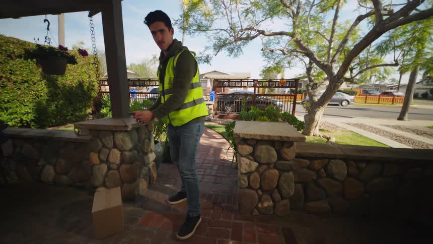 A delivery worker places a package on a doorstep outside a quiet residential home