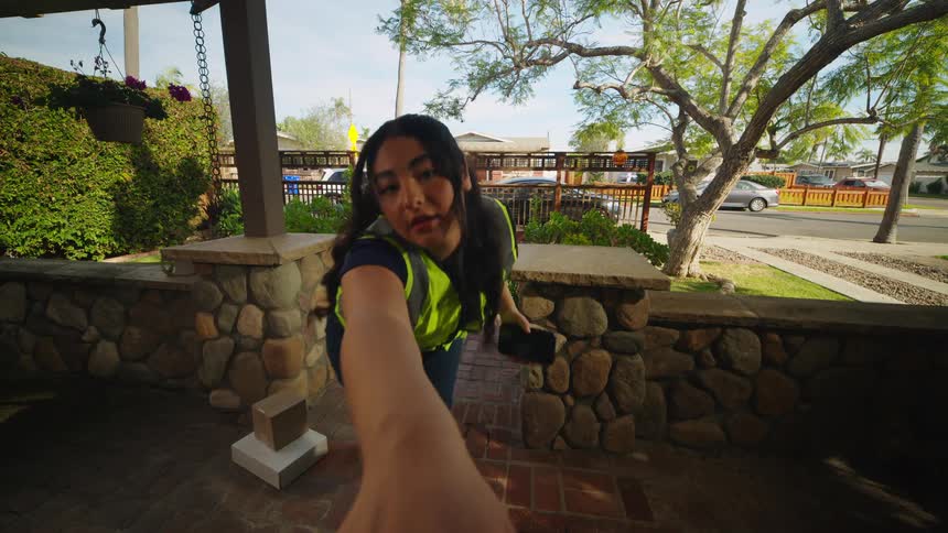 Woman making a delivery at a residence wearing a reflective vest and checking information on a mobile device