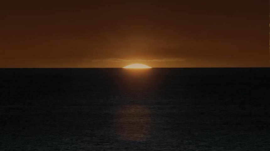 Sun rises over the ocean as birds fly over the water