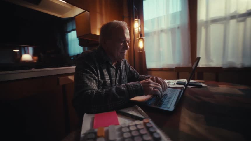 Elderly man sitting in front of a wooden table opening the lid of a laptop computer on a living room indors during day time