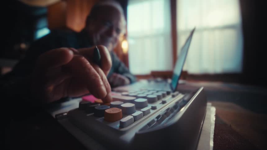 An elderly man is pressing buttons on a calculator at a desk with a laptop open nearby and warm window light illuminating the scene suggesting focused financial or analytical work