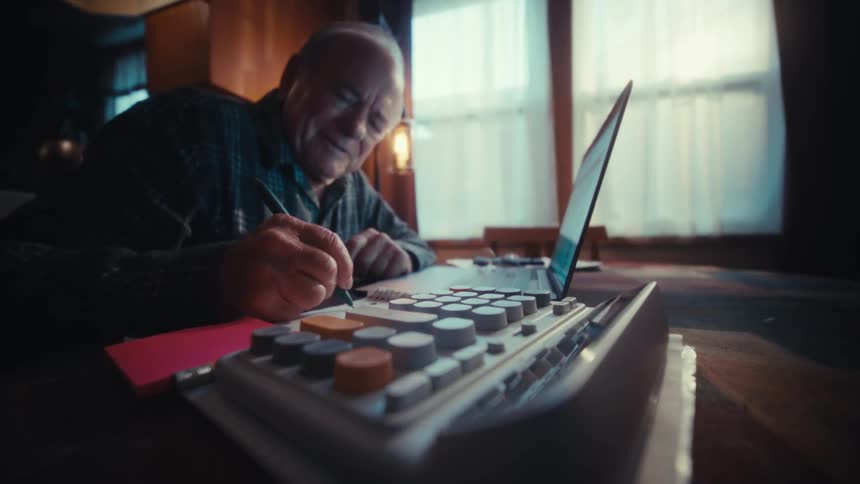Elderly man makes a note while using a laptop at a table near a calculator