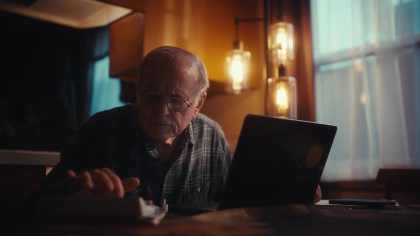 Elderly man seated at a table using a laptop while reaching for a calculator in a home setting