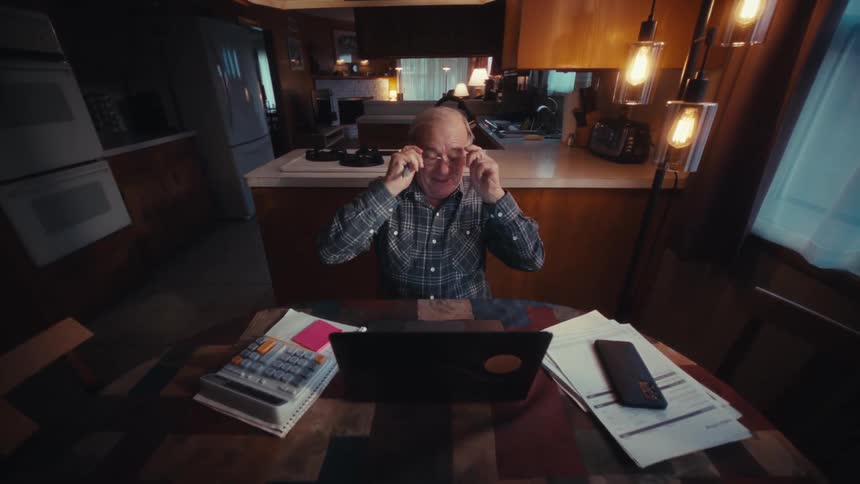Elderly man smiles before returning to working on his personal finances at home