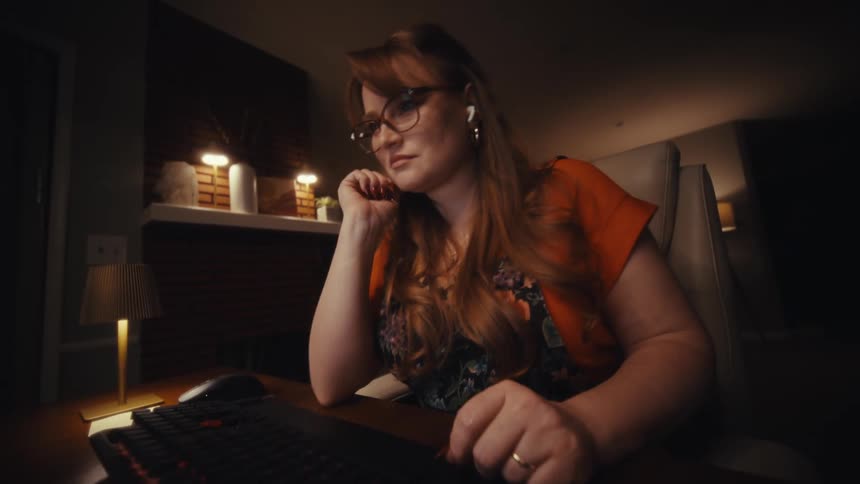A woman with long red hair and glasses sits at a desk typing on a keyboard with orange keys before resting her head on her hand with a weary expression the lowangle shot captures her working in a dimly lit room with a small lamp and various documents n