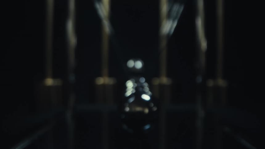 A newtons cradle with polished metallic spheres sits on a reflective black surface between gold pillars showing the outer balls swinging and colliding rhythmically