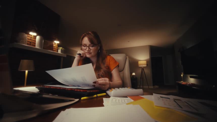 A woman with red hair and glasses sits at a desk in a dimly lit room carefully reviewing printed business reports with bar charts and data occasionally pointing at the pages and holding a pen while working in her home office