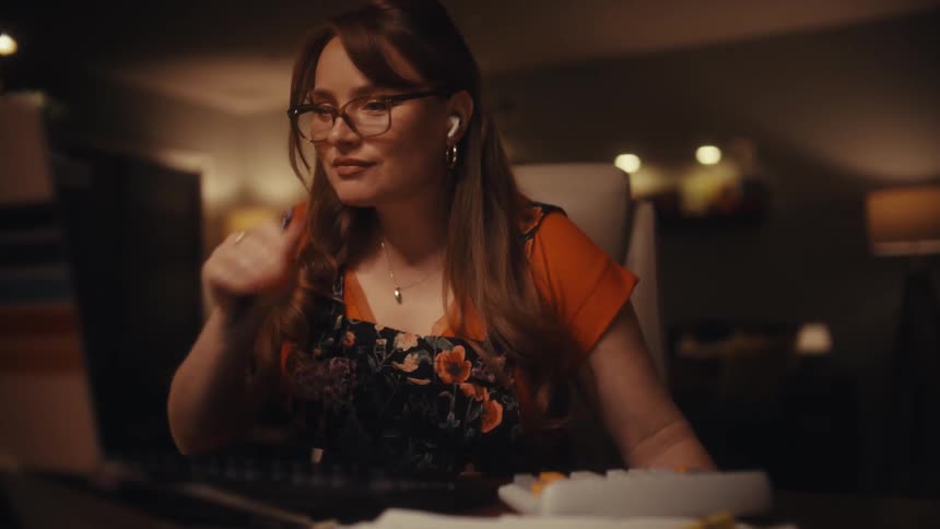 A woman with long reddish hair and glasses works at a desk in a dimly lit home office she is shown typing on a mechanical keyboard with orange keys and appears focused yet weary as she rests her chin on her hand while looking at her monitor