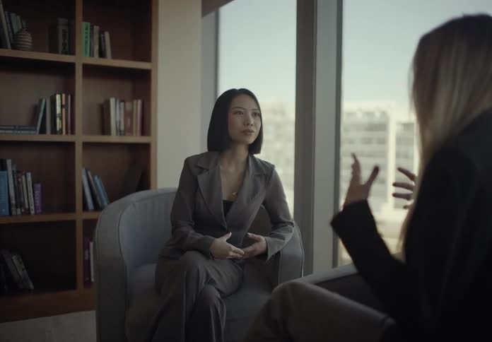Two businesswomen sit in a modern office by a large window where a woman in a gray suit listens intently and gestures while her colleague speaks during their professional meeting