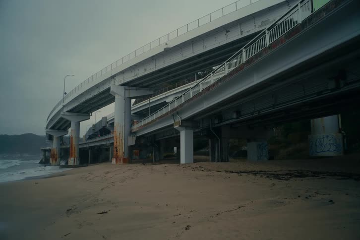 A large concrete highway overpass stretches along a quiet beach beneath an overcast sky