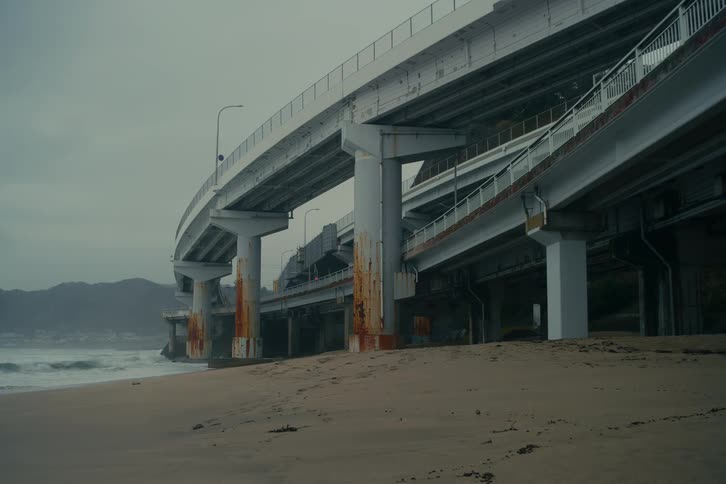 A massive concrete highway bridge with weathered pillars stretches across a sandy beach next to a gray ocean under an overcast sky