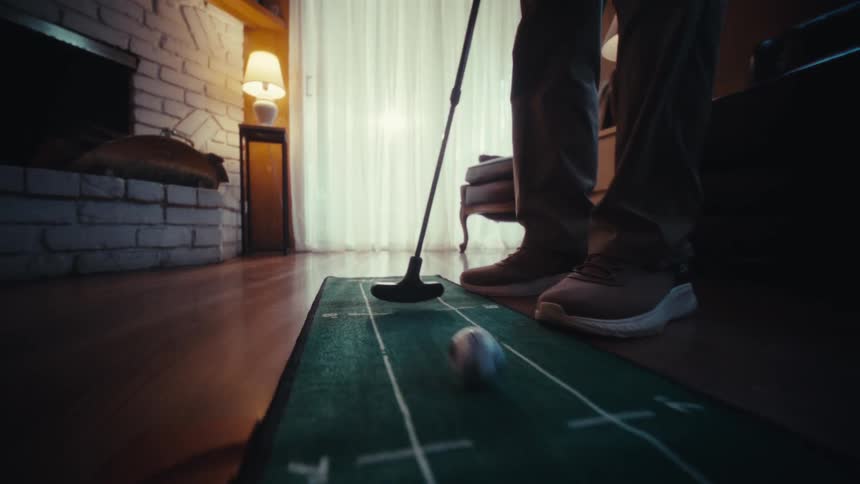 The person puts the small soccer ball indoors