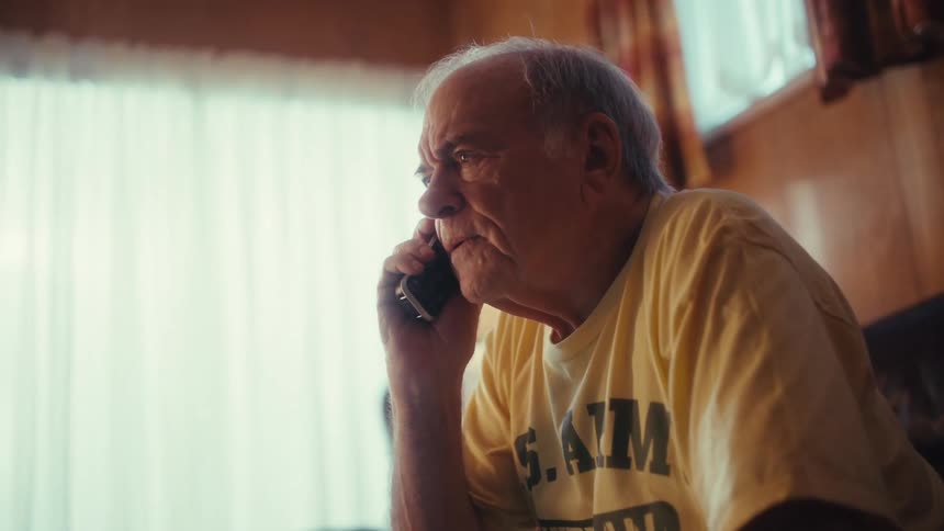 Elderly man seated on a couch using a laptop on a table in a living room lit by natural light