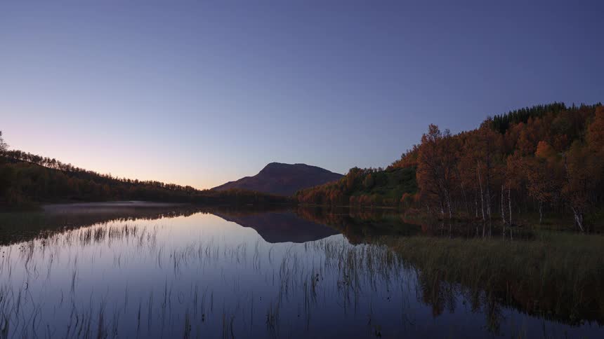 Forested mountains along the coast as a darkness falls and the green light of the aurora borealis glows in the sky