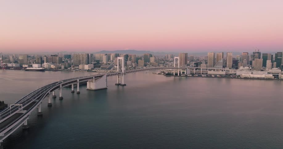 Traffic moves over a bridge in and out of a metropolitan city on the coast