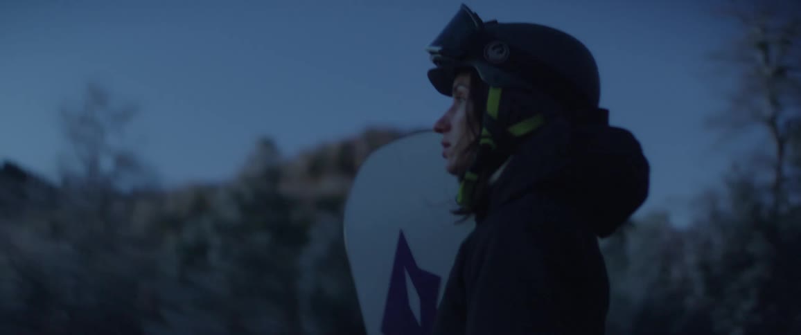 A bundled figure in winter gear holding a snowboard at their side stands partially silhouetted against a pale blue sky amid frosty vegetation conveying a quiet contemplative moment in a cold remote landscape