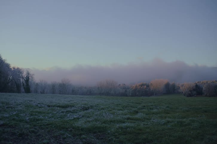 Frost on the grass in a field at the edge of a mountain with trees on the slope and forested mountains in the distance