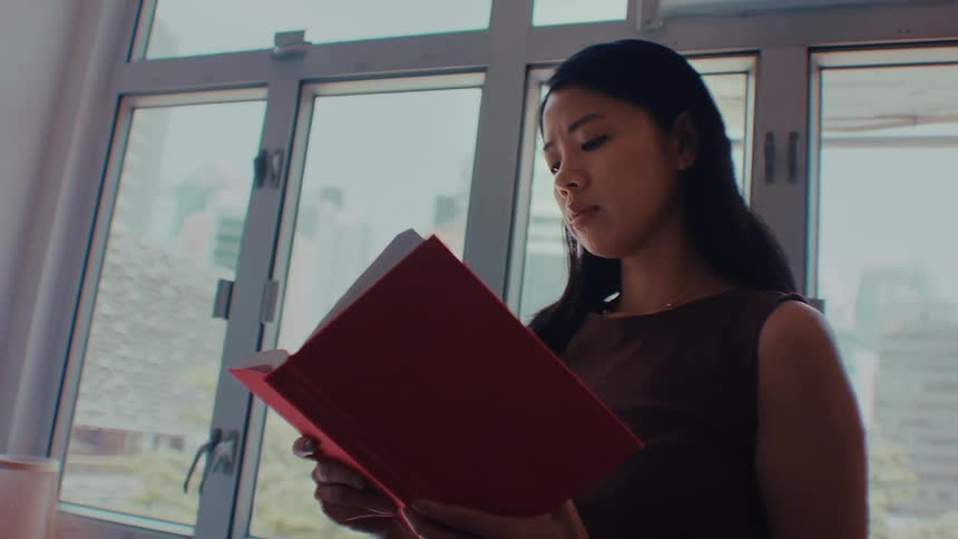 A woman is reading a red book while standing near a window occasionally looking up from the pages