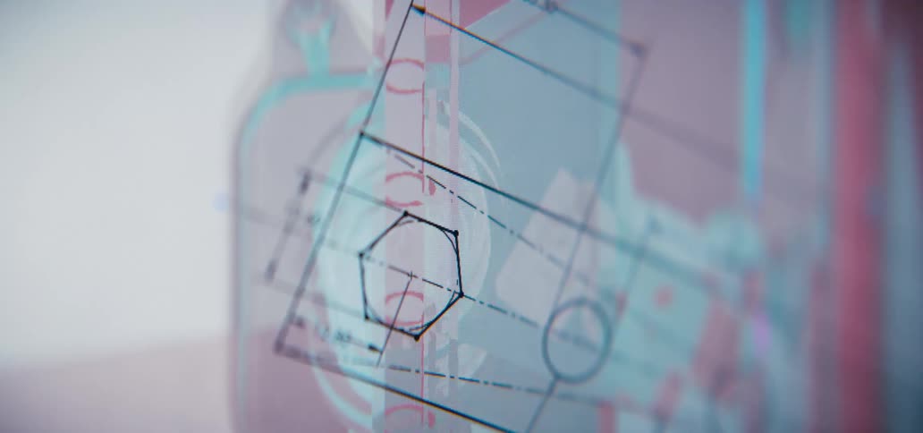 Technical diagram displays geometric shapes and overlapping lines on a translucent digital interface