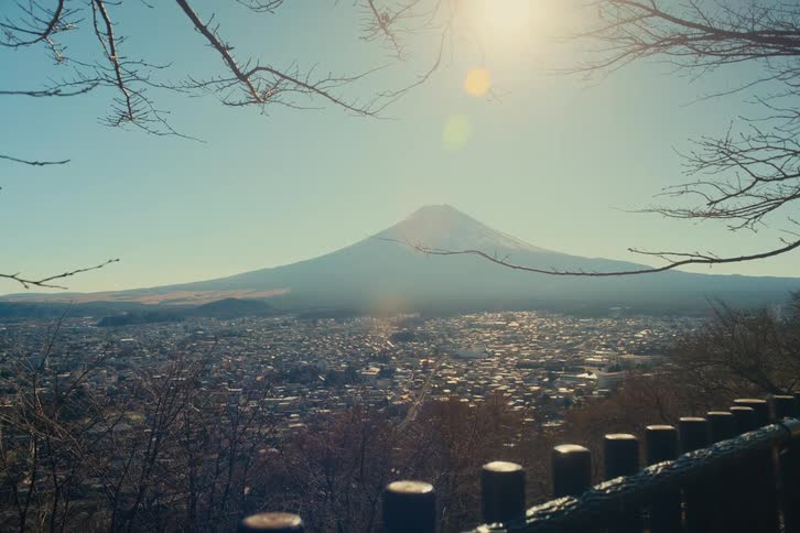 A vast city spreads across the valley beneath a clear winter sky with mount fujis snowdusted perfectly conical peak rising serenely in the distance as bare tree branches frame the view sunlight glinting off rooftops and casting a warm haze
