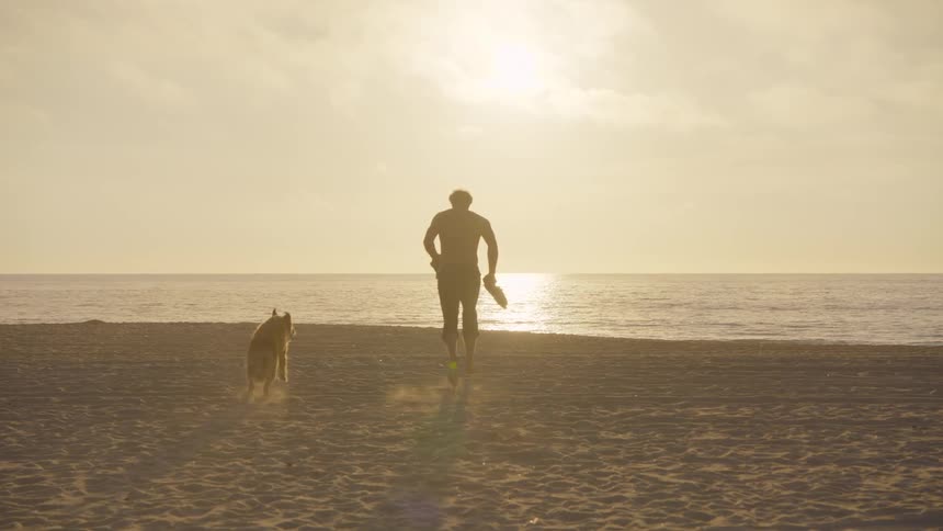 The man and his dog run towards the ocean water