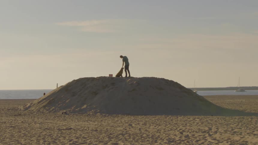 The man pets his dog on the sand dune