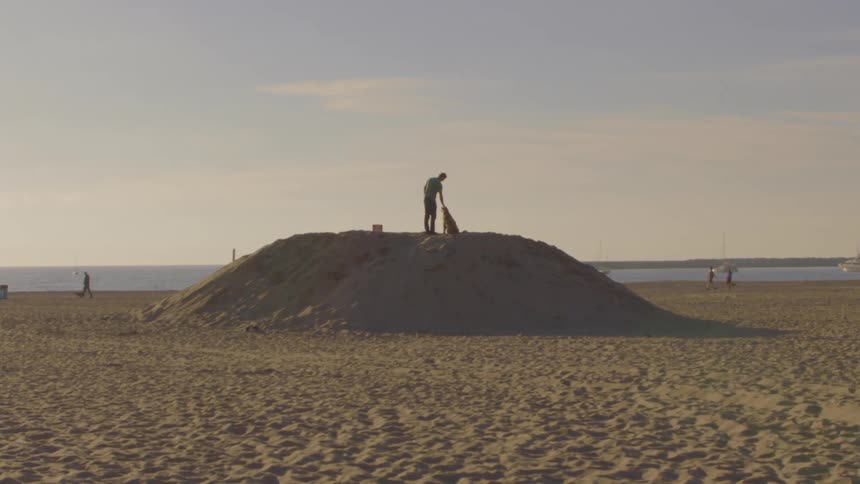 Man with a dog on a sand dune on the beach