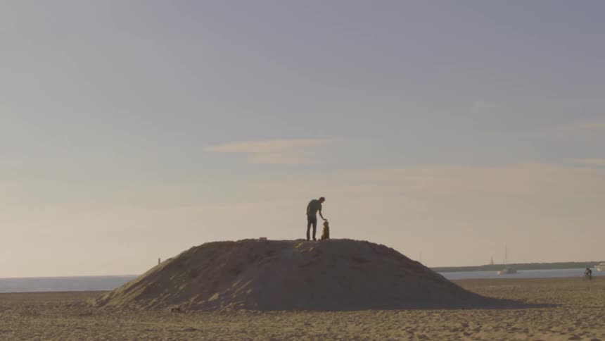 Man stands on top of a dirt hill on the beach with his dog