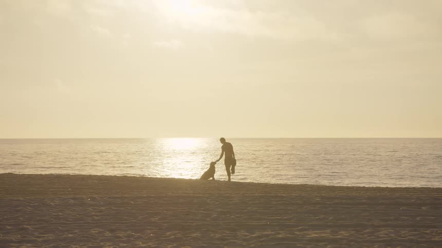 A man stands on a sandy beach at sunset patting a dog that sits beside him as they both face the calm ocean