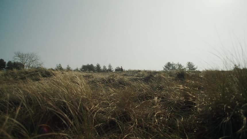 A person walking in the distance across a wide open grassland on a cloudy day
