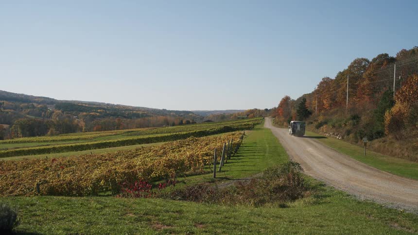 Bus travels on a rural road at the edge of forested mountains with trees in bright fall colors