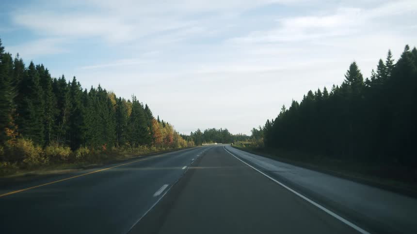 Traveling on a highway through the forest with trees in fall colors under a cloudy sky