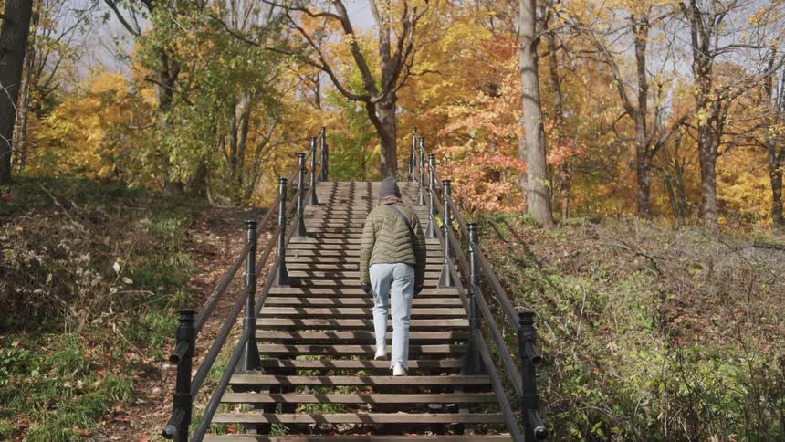Woman walks on stairs on a mountain leading into the forest