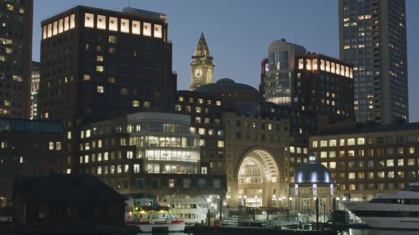 Buildings of a metropolis illuminated at night along the seafront with boats