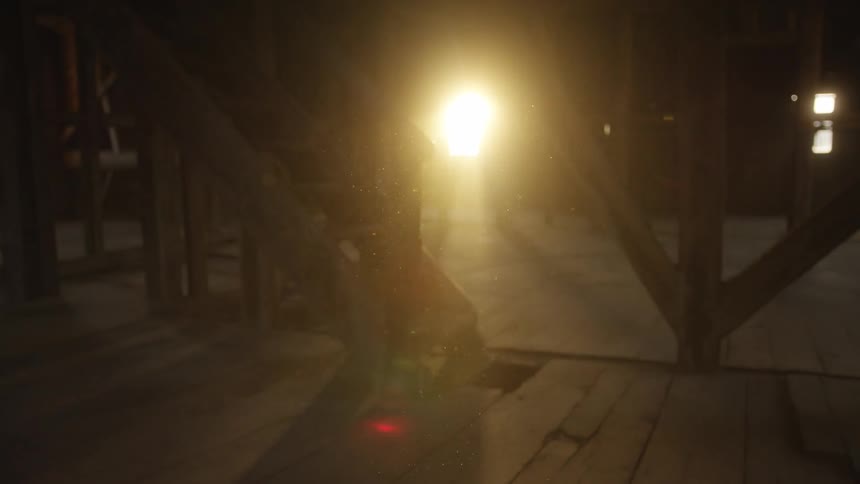 Wooden structure with sunlight beam streaming through opening in background