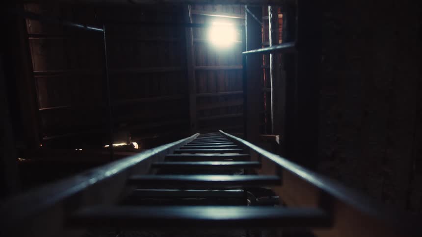 A lowangle shot looks up a long wooden ladder leading toward a small bright window in a dark dusty attic