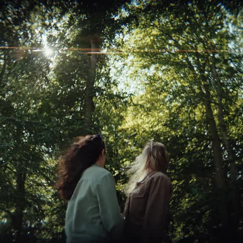 From behind two young women stand together in a sundappled forest their hair blowing in the wind as they gaze up at the tall majestic trees above them