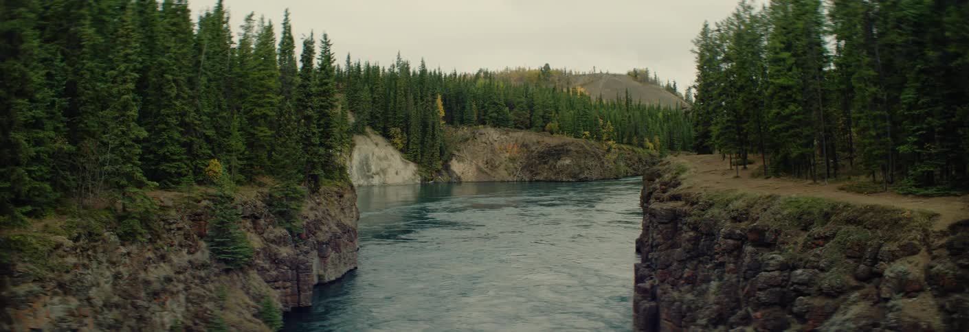 River flowing between rocky cliffs with conifer forest along the banks