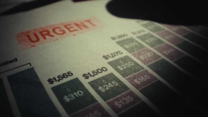 Under dramatic shadowy lighting a hand uses a black pen to forcefully circle the word urgent stamped in red on a financial document