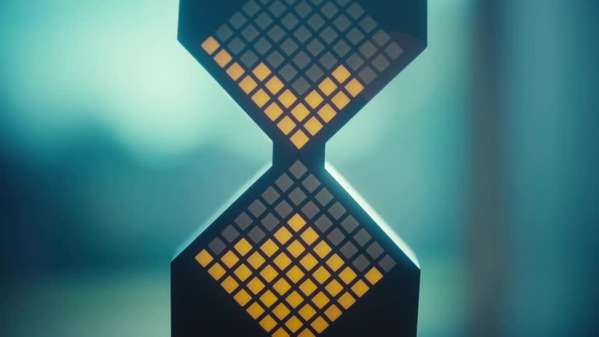 Hourglassshaped object with illuminated grid patterns on blurred blue background