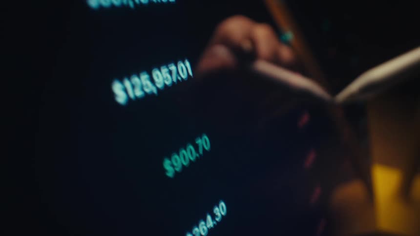 Monetary values on digital screen with reflection of person