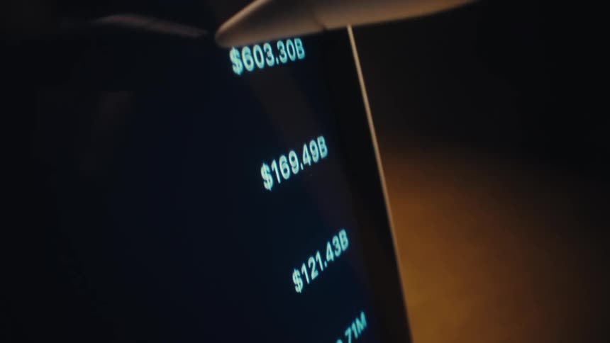 A close up shot of a dark digital screen displaying a list of large financial values in blue text which a person scrolls through using a white stylus