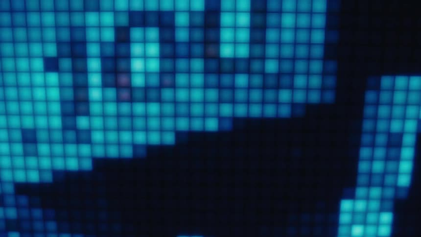 Digital screen displaying financial charts in blue tones formed by pixels