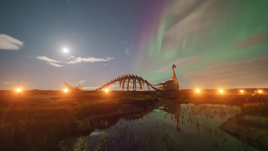 A dinosaur skeleton lies exposed in the wild at sunrise the early light stretching long shadows across the ground above the scene a faint green glow hovers in the sky